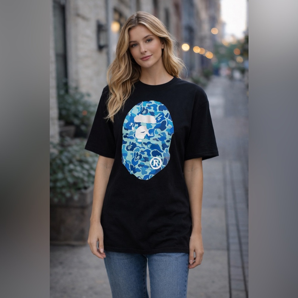Bape Black Tee with Blue Camo Design